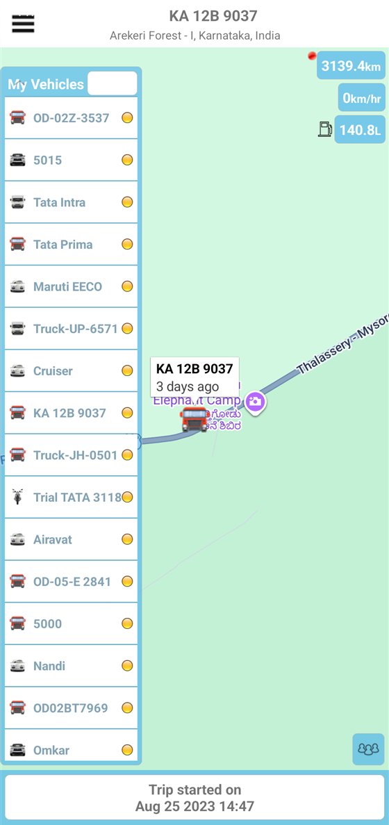 App screen showing trip distance, speed and diesel level